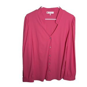 Jude Connally Blouse Women's Large Pink V-Neck Button Up Long Sleeve Solid Top
